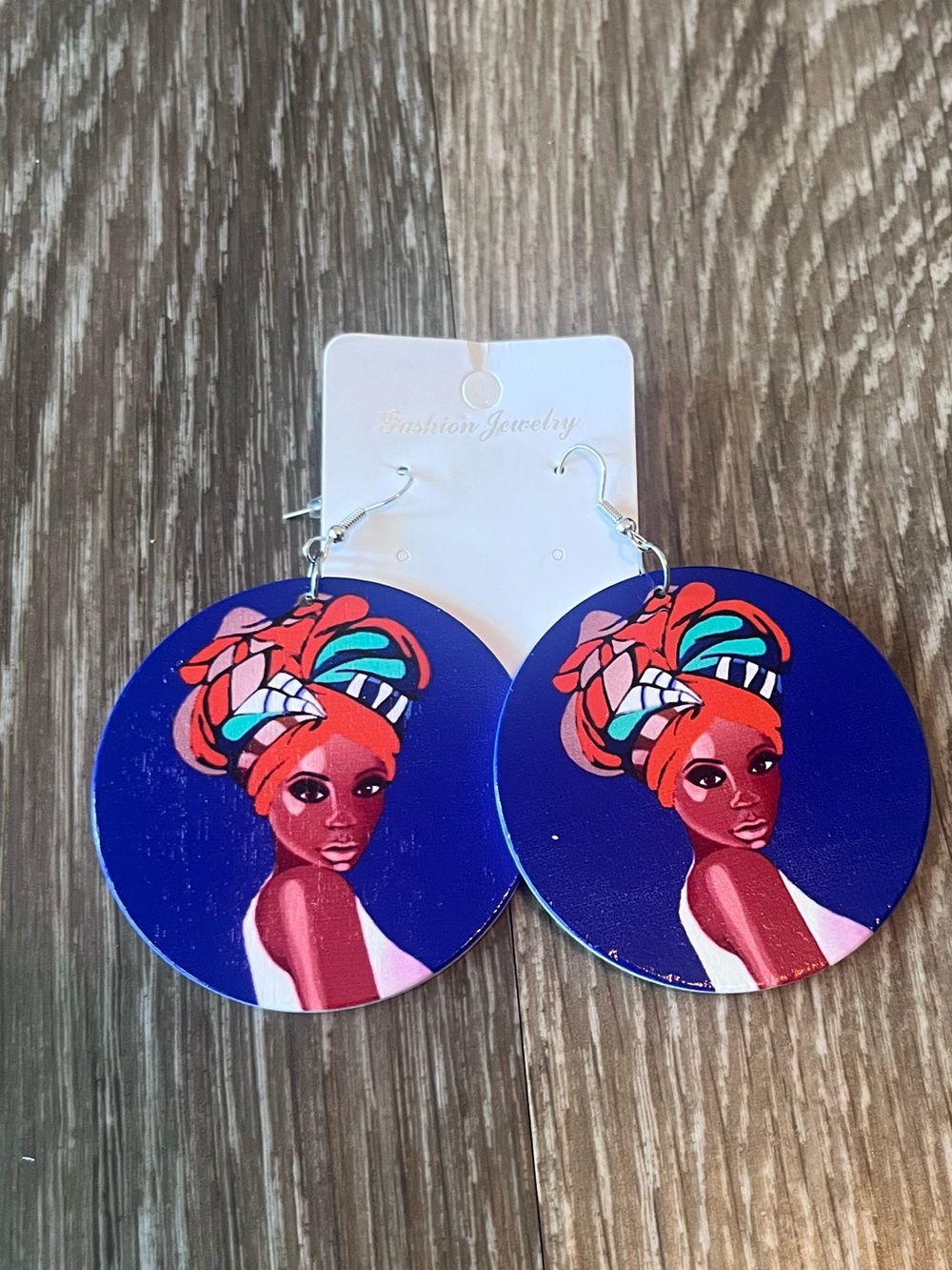 Vibrant Round Earrings with Woman Portrait in Blue and Orange